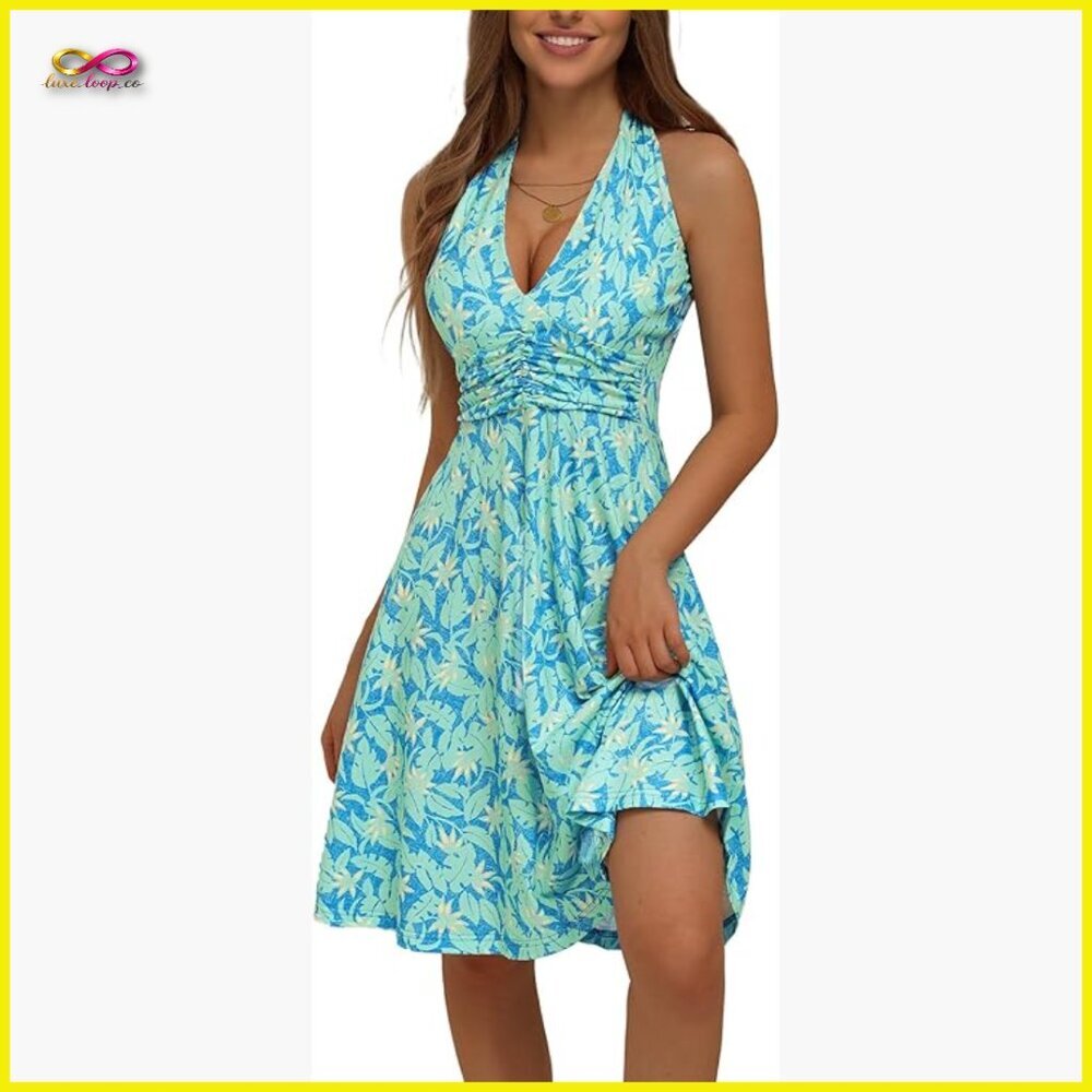 Sleeveless Halter Sundress Floral Mini Dress Ruffle Waist Boho Summer Chic
